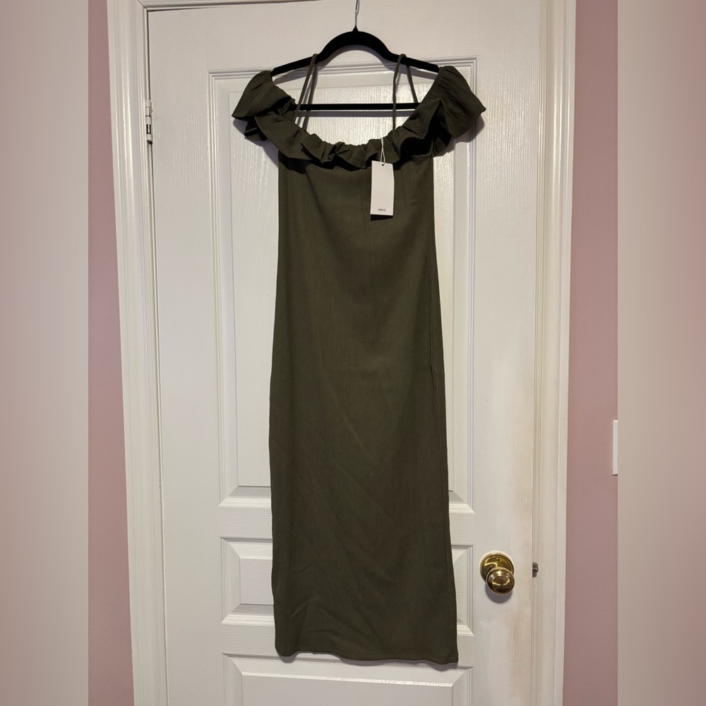 Mango Olive Green Off-Shoulder Dress